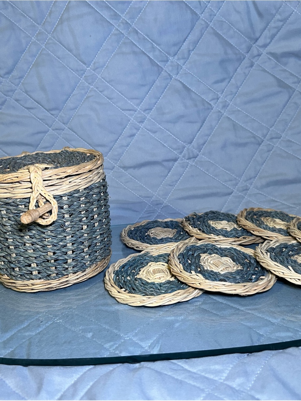 Handwoven Blue and Natural Seagrass Coaster Set with Basket